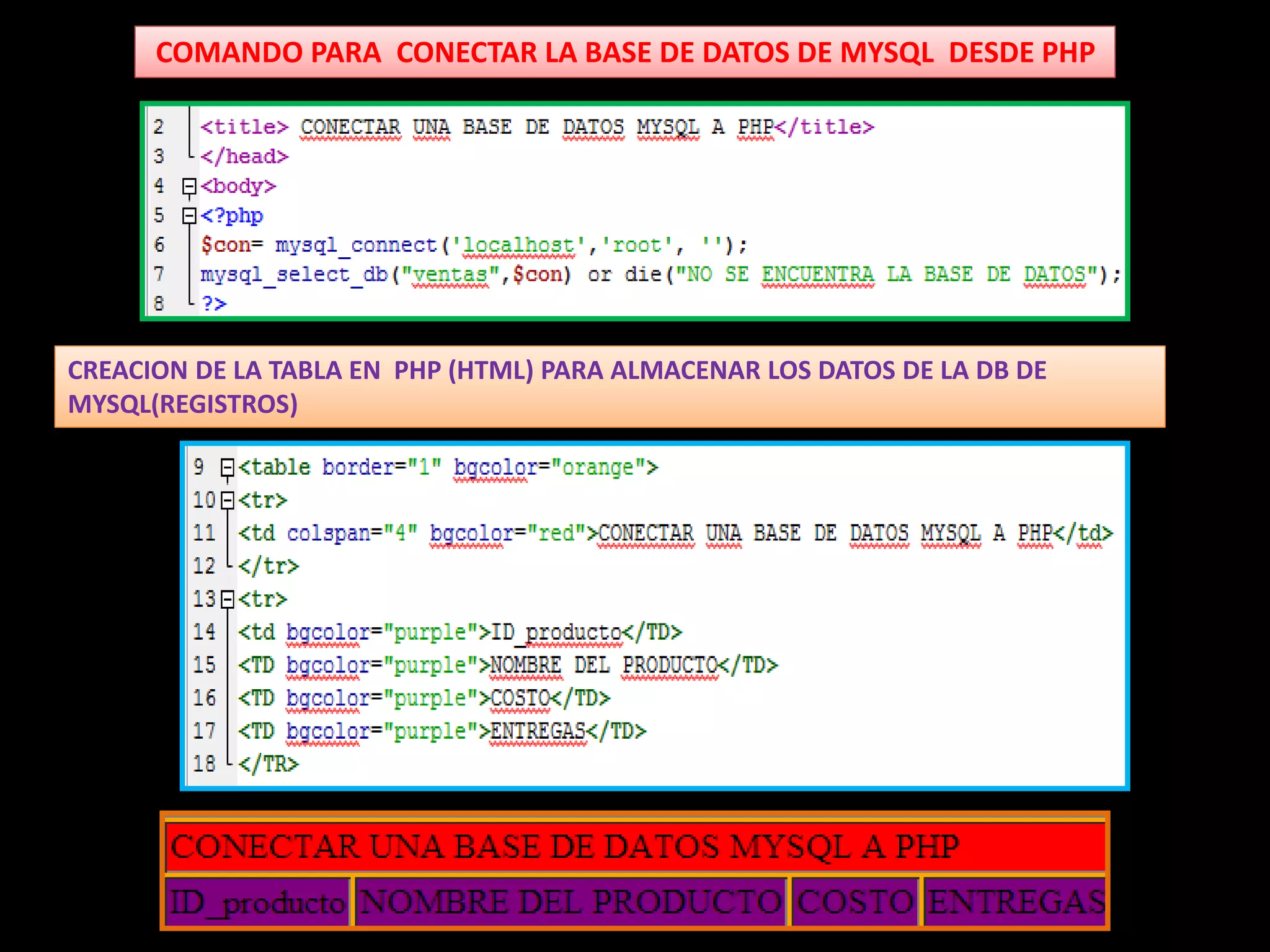 COMANDO PARA CONECTAR LA BASE DE DATOS DE MYSQL DESDE PHP
CREACION DE LA TABLA EN PHP (HTML) PARA ALMACENAR LOS DATOS DE LA DB DE
MYSQL(REGISTROS)
 