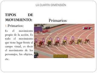 LA CUARTA DIMENSIÓN
TIPOS DE
MOVIMIENTO:
1.Primarios:
Es el movimiento
propio de la acción. Es
todo el movimiento
que tiene lugar frente al
campo visual, es decir
el movimiento de los
personajes, los objetos,
etc.
Primarios
 