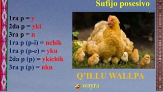 1ra p = y
2da p = yki
3ra p = n
1ra p (p-i) = nchik
1ra p (p-e) = yku
2da p (p) = ykichik
3ra p (p) = nku
wayra
Sufijo pos...