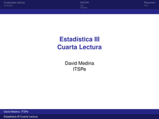 Cuadrados latinos ANOVA Resumen
Estadística III
Cuarta Lectura
David Medina
ITSPe
David Medina ITSPe
Estadística III Cuarta Lectura
 