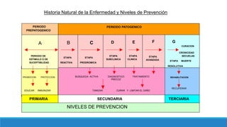 A
PERIODO DE
ESTIMULO O DE
SUCEPTIBILIDAD
REHABILITACION
RECUPERAR
TAMIZAR CURAR Y LIMITAR EL DAÑO
PROMOCION PROTECCION
EDUCAR INMUNIZAR
G
CURACION
CRONICIDAD
SECUELAS
ETAPA MUERTE
RESOLUTIVA
F
ETAPA
AVANZADA
E
ETAPA
CLINICA
D
ETAPA
SUBCLINICA
C
ETAPA
PRODROMICA
B
ETAPA
REACTIVA
PERIODO
PREPATOGENICO
PERIODO PATOGENICO
PRIMARIA SECUNDARIA TERCIARIA
NIVELES DE PREVENCION
DIAGNOSTICO
PRECOZ
TRATAMIENTO
BUSQUEDA ACTIVA
Historia Natural de la Enfermedad y Niveles de Prevención
 