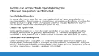 Factores que incrementan la capacidad del agente
infeccioso para producir la enfermedad:
Especificidad del Hospedero.
Un agente infeccioso es específico para una especie animal; así ciertos virus solo afectan
especies específicas de animales pero en condiciones apropiadas pueden afectar al hombre. Por
ejemplo el virus de la gripe aviar A (H5N1) causa epidemias en aves y desde el año 2004 ha
causado brotes importantes en humanos en países del Asia.
Capacidad de reproducción.
Ciertos agentes infecciosos se reproducen con facilidad en presencia de factores favorables
(humedad, temperatura, pH, presencia de nutrientes): Las salmonellas se reproducen con
facilidad en la leche, mientras que el Vibrio cholerae se reproduce en medios con pH alcalino.
Sobrevivencia fuera del hospedero.
Ciertos microorganismos se adaptan a las condiciones del medio desarrollando esporas que
pueden resistir condiciones adversas por largos periodos de tiempo. Las esporas de Clostridium
tetani, Cl. Botulinum y de Bacillus antracis pueden resistir largos períodos, para pasar a su forma
vegetativa en condiciones favorables y producir enfermedad.
 