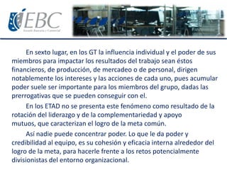 En sexto lugar, en los GT la influencia individual y el poder de sus
miembros para impactar los resultados del trabajo sean éstos
financieros, de producción, de mercadeo o de personal, dirigen
notablemente los intereses y las acciones de cada uno, pues acumular
poder suele ser importante para los miembros del grupo, dadas las
prerrogativas que se pueden conseguir con el.
En los ETAD no se presenta este fenómeno como resultado de la
rotación del liderazgo y de la complementariedad y apoyo
mutuos, que caracterizan el logro de la meta común.
Así nadie puede concentrar poder. Lo que le da poder y
credibilidad al equipo, es su cohesión y eficacia interna alrededor del
logro de la meta, para hacerle frente a los retos potencialmente
divisionistas del entorno organizacional.
 