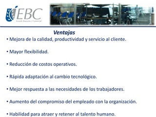 Ventajas
• Mejora de la calidad, productividad y servicio al cliente.
• Mayor flexibilidad.
• Reducción de costos operativos.
• Rápida adaptación al cambio tecnológico.
• Mejor respuesta a las necesidades de los trabajadores.
• Aumento del compromiso del empleado con la organización.
• Habilidad para atraer y retener al talento humano.
 