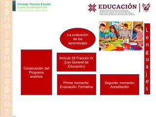 Consejo Técnico Escolar
Cuarta Sesión Ordinaria
Ciclo Escolar 2022-2023
La evaluación
de los
aprendizajes
Segundo momento:
Acreditación
Primer momento:
Evaluación Formativa
Artículo 28 Fracción IV
(Ley General de
Educación)
Construcción del
Programa
analítico
L
e
n
g
u
a
j
e
s
 