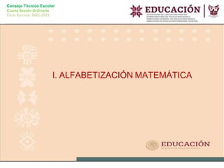 Consejo Técnico Escolar
Cuarta Sesión Ordinaria
Ciclo Escolar 2022-2023
I. ALFABETIZACIÓN MATEMÁTICA
 