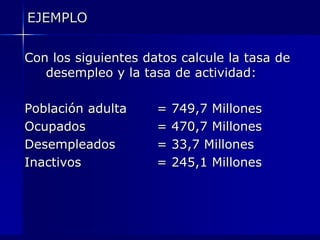 EJEMPLO

Con los siguientes datos calcule la tasa de
   desempleo y la tasa de actividad:

Población adulta     =   749,7 Millones
Ocupados             =   470,7 Millones
Desempleados         =   33,7 Millones
Inactivos            =   245,1 Millones
 