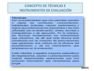 CONCEPTO DE TÉCNICAS E
INSTRUMENTOS DE EVALUACIÓN




                             MINEDUC
 