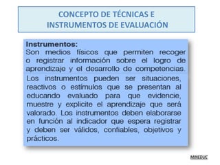 CONCEPTO DE TÉCNICAS E
INSTRUMENTOS DE EVALUACIÓN




                             MINEDUC
 
