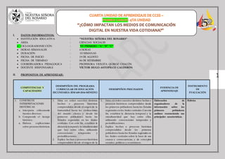 1
I. DATOS INFORMATIVOS:
 INSTITUCIÓN EDUCATIVA : “NUESTRA SEÑORA DEL ROSARIO”
 ÁREA : CIENCIAS SOCIALES
 CICLO/GRADO/SECCIÓN : VI/ PRIMERO “A” “B” “C”
 HORAS SEMANALES : 4 HORAS
 DURACIÓN : 03 SEMANAS
 FECHA DE INICIO : 19 DE AGOSTO
 FECHA DE TERMINO : 06 DE SETIEMBRE
 COORDINADORA PEDAGOGICA : PROFESORA VIOLETA QUIROZ CHACÓN
 DOCENTE RESPONSABLE : VÍCTOR HUGO ASTOPILCO CALDERÓN
II. PROPOSITOS DE APRENDIZAJE:
COMPETENCIAS Y
CAPACIDADES
DESEMPEÑOS DEL PROGRAMA
CURRICULAR DE EDUCACIÓN
SECUNDARIA (RM 649-2016-MINEDU)
DESEMPEÑOS PRECISADOS
EVIDENCIA DE
APRENDIZAJE
INSTRUMENTO
DE
EVALUACIÓN
1. CONSTRUYE
INTERPRETACIONES
HISTÓRICAS
a. Interpreta críticamente
fuentes diversas.
b. Comprende el tiempo
histórico.
c. Elabora explicaciones
sobre procesos históricos.
1. Sitúa en orden sucesivo distintos
hechos o procesos históricos
comprendidos desde el origen de la
humanidad hasta las civilizaciones
del mundo clásico y desde los
primeros pobladores hasta los
Estados regionales en los Andes
centrales. Con este fin, establece la
distancia temporaly la simultaneidad
que hay entre ellos, utilizando
convenciones temporales y
periodificaciones.
2. Explica hechos o procesos históricos
comprendidos desde el origen de la
1. Sitúa en orden sucesivo distintos hechos o
procesos históricos comprendidos desde
los primeros pobladores hasta los Estados
regionales en los Andes centrales. Con este
fin, establece la distancia temporal y la
simultaneidad que hay entre ellos,
utilizando convenciones temporales y
periodificaciones.
2. Explica hechos o procesos históricos
comprendidos desde los primeros
pobladores hasta los Estados regionales en
los Andes centrales sobre la base de sus
causas y consecuencias, y de conceptos
sociales, políticos y económicos.
Elaboración de
organizadores de la
información sobre los
primeros pobladores
andinos reconociendo sus
principales características.
Rúbrica
 