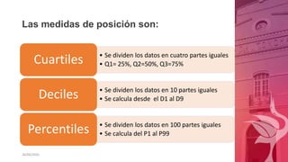 Las medidas de posición son:
• Se dividen los datos en cuatro partes iguales
• Q1= 25%, Q2=50%, Q3=75%
Cuartiles
• Se dividen los datos en 10 partes iguales
• Se calcula desde el D1 al D9
Deciles
• Se dividen los datos en 100 partes iguales
• Se calcula del P1 al P99
Percentiles
26/06/2020
 