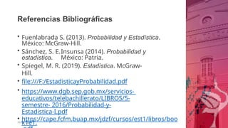 Referencias Bibliográficas
26/06/2020
• Fuenlabrada S. (2013). Probabilidad y Estadística.
México: McGraw-Hill.
• Sánchez, S. E.Insunsa (2014). Probabilidad y
estadística. México: Patria.
• Spiegel, M. R. (2019). Estadística. McGraw-
Hill.
• file:///F:/EstadisticayProbabilidad.pdf
• https://www.dgb.sep.gob.mx/servicios-
educativos/telebachillerato/LIBROS/5-
semestre- 2016/Probabilidad-y-
Estadistica-I.pdf
• https://cape.fcfm.buap.mx/jdzf/cursos/est1/libros/boo
k1e1.
 