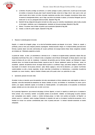 Docente: Juana Mercedes Ricopa Cotrina de Rios. 42 copias
a) La Sombra.- El sueño y la fatiga se confuraron, en sueños persigue tu presa y ladras como un perro que va tras la pista
sin rendirse al cansancio. Es pues ¿Qué haces? ¡levanta! No dejes vencer de la fatiga mira el alma que te avino por
ceder al sueño. Así te duelen en el alma mis justas represiones, que ellas sirven de aguijón al pundoroso. Arroja sobre
mi asesino tu ensangrentado aliento, que el fuego que arde en tus entrañas le abrase y el consume. Persíguele que el se
sienta morir al ver a su perseguido sobre tus huellas. (Episodio I Pág. 218)
b) Estrofa III. No hay debajo del cielo gloria de mortal tan altiva que yo no la derribe miserablemente sobre el salto, envuelta
en mis negras vestiduras, y que no depasaparezca pisoteada por mis pues enemigos. (Episodio II, Pág. 225)
c) Atenea.- Y tú quieres más oír hablar de justicia que no practicarla. (Episodio III, Pág, 226)
d) Crestes.- Lo maté. No podría negarlo. (Episodio IV, Pág. 230)
5. Resuma el contenido general de la obra:
Esquilio, el creador de la tragedia griega, en su obra las Euménides presenta, que después de un juicio, Oreste, es culpado y
purificado, y esto se inicia poco después, presenta al perseguido Orestes buscando refugio en el templo de Delfos, pues huía de las
Erinnias, a quienes Apolo tuvo antes adormecidas, allí va para purificarse de la sangre materna: Estas dioses vengadoras actuaban
así, incitadas por Clitemestra, exigiendo su muerte.
La puerta del templo se abre y la sacerdotisa se aterroriza al ver a Orestes en el sagrado templo, suplicando a Apolo, Dios que
ahuyentaba a las Erinnias. Pero, como el Oráculo la insta a compadecer ante el tribunal del Aerografo en Atenas, Apolo le envía bajo
la guía de Hemes, allí, una corte de ciudadanos le absolverá del parricidio, pero las Erinnias instadas por Cletimestra le siguen
acosando, ahora en el templo de palas Atenea Orestes exponía su caso: El tribunal establecerá justicia. Las Erinnias actuan de
acusadores apelando del poderoso vinculo de sangre, Apolo es parte d e su defensor funge, pues desea castigar el adulterio. Pero
hay empate en la votación de los jueces, entonces palas Atenea agrega su voto al de los absolutos y, se aplacan las Erinnias
cuando establece su culto y honras especiales, de este modo ellas se transforman en bienhechoras, y aumenides el pueblo les
acompaña a su nueva morada, y dejan en libertad a Orestes quien, al fin, puede volver a su patria libre de culpa.
6. Apreciación personal de la obra leída.
Al analizar la obra, se descubre que en los episodios de la obra esta realizando en forma ordenada, como cada tragedia se divide en
episodios, entre ellos intercambia los estasismos, las danzas cantados en coros, son divididos en movimientos de avance que es
estrofa y de regreso antiestrofa (epodo) en la entrada se llamaba (párrafo) en la salida (exodo) en los episodios se introducían
pasajes cantados por uno o dos actores solo en unión con el coro.
En el personaje Agamemnon que conserva la del griega, a la forma Agamón, en usual en español, se extrañó que no la empleara la
forma correcta sino, incorrecta y también en la palabra sombra es una decisión indebida en el texto griego es polvia soberana
solo acompañaba como objetivo a madre o nombre de diosas; porque no habla de la sombra es el sentido de “Espíritu”, es
rarísimo que en si realmente existe en griego. Finalmente, el propósito del autor es de mejorar la actitud de una persona, con la
finalidad de innovar las acciones contradictorias, tales como la justicia, este autor le interesó transmitir verazmente en nuestro
antepasado.
35
 