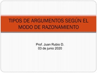 TIPOS DE ARGUMENTOS SEGÚN EL
MODO DE RAZONAMIENTO
Prof. Juan Rubio D.
03 de junio 2020
 
