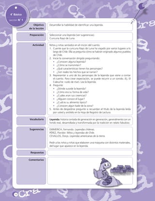 4˚ Básico
Lección N˚ 1
Objetivo
de la lección

Desarrollar la habilidad de identificar una leyenda.

Preparación

Seleccionar una leyenda (ver sugerencias).
Cuncuna Rayo de Luna.

Actividad

Niños y niñas sentados en el rincón del cuento.
1.	 Cuente que la cuncuna Rayo de Luna ha viajado por varios lugares a lo
largo de Chile. Ella se pregunta cómo se habrán originado algunos pueblos
de Chile.
2.	 Inicie la conversación dirigida preguntando:
•	 ¿Conocen alguna leyenda?
•	 ¿Cómo se transmiten?
•	 ¿Qué características tienen los personajes?
•	 ¿Son reales los hechos que se narran?
3.	 Representar a uno de los personajes de la leyenda que viene a contar
el cuento. Para crear expectación, se puede recurrir a un sonido. (Ej. El
Caleuche: ruido de mar). Lea la leyenda.
4.	 Pregunte:
•	 ¿Dónde sucede la leyenda?
•	 ¿Cómo era su forma de vida?
•	 ¿Cuáles eran sus creencias?
•	 ¿Alguien conoce el lugar?
•	 ¿Cuál es su alimento típico?
•	 ¿Conocen algún baile de la zona?
5.	 Antes de despedirse pregunte si recuerdan el título de la leyenda leída
por usted y anótelo en la Hoja de Registro de Lectura.

Vocabulario

Leyenda: historia contada de generación en generación, generalmente con un
fondo real, desarrollada y transformada por la tradición en relato fabuloso.

Sugerencias

EMMERICH, Fernando. Leyendas chilenas.
PÉREZ, Floridor. Mitos y leyendas de Chile.
CEVALLOS, Dorys. Leyendas americanas de la tierra.
Pedir a los niños y niñas que elaboren una maqueta con distintos materiales,
del lugar que aparece en la leyenda.	

Respuestas
Comentarios

10

 