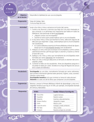 4˚ Básico
Lección N˚ 10
Objetivo
de la lección

Desarrollar la habilidad de usar una enciclopedia.

Preparación

Hojas de trabajo, lápiz.
Cuncuna Rayo de Luna.

Actividad

Invite a los niños y niñas a sentarse en el rincón del cuento.
1. Cuente a los alumnos y alumnas que Rayo de Luna está interesada en
que conozcan a un personaje muy importante que habita en todas las
bibliotecas. Este personaje se llama enciclopedia.
•	 ¿Alguien conoce una enciclopedia?
•	 Levante la mano quien pueda explicar qué es una enciclopedia.
2. Si hay varios niños y niñas que levantan la mano, seleccione algunos de
ellos para que respondan. Luego, usted explique qué es una enciclopedia
(ver vocabulario).
•	 En nuestra biblioteca tenemos la Primera Biblioteca Infantil de Aprendizaje que es una enciclopedia temática (ver vocabulario).
3. 	Indique a un niño y niña que se acerque a la enciclopedia y cuente cuántos
volúmenes la forman, permita que hojee un volumen y muestre su interior
al resto del curso.
4.	 Explique a los niños y niñas que normalmente las enciclopedias están
formadas por varios volúmenes (ver vocabulario).
5.	 Pida a un niño o niña que seleccione un tema de un volumen de la enciclopedia y léalo.
6.	 Comente lo leído con los estudiantes. Antes de despedirse pregunte si
recuerdan lo leído por usted. Anótelo en la Hoja de Registro de Lectura
de la carpeta de biblioteca.

Vocabulario

Enciclopedia: es una obra, normalmente formada por varios volúmenes,
que contiene información general sobre personas, lugares, cosas, acontecimientos y otros temas.
Enciclopedia temática: es la que contiene un tema en cada volumen.
Volumen: es cada uno de los libros que componen una enciclopedia.

Sugerencias

Mostrar y revisar la Primera Biblioteca Infantil de Aprendizaje y otras enciclopedias temáticas que hay en el CRA, por ejemplo, Enciclopedia Ilustrada
de Ciencia y Naturaleza.

Respuestas

TEMA	

Nombre Volumen Enciclopedia

1	 Torre Eiffel		
2	 Esqueleto		

Nuestro cuerpo

3	 Imprenta			

Inventos y descubrimientos

4	 Océano Pacífico		

Geografía y mapas

5	 Violín			

Música y arte

6	 Capa de ozono		

Ecología y medio ambiente

7	 Tren Bala			

Alas y ruedas

8	 Canguro			

28

Lugares famosos

Nuestros amigos los animales

 
