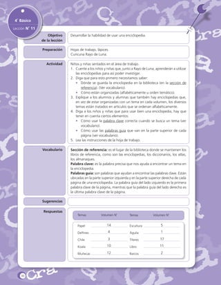 4˚ Básico
Lección N˚ 11
Objetivo
de la lección

Desarrollar la habilidad de usar una enciclopedia.

Preparación

Hojas de trabajo, lápices.
Cuncuna Rayo de Luna.

Actividad

Niños y niñas sentados en el área de trabajo.
1.	 Cuente a los niños y niñas que, junto a Rayo de Luna, aprenderán a utilizar
las enciclopedias para así poder investigar.
2.	 Diga que para esto primero necesitamos saber:
•	 Dónde se guarda la enciclopedia en la biblioteca (en la sección de
referencia). (Ver vocabulario).
•	 Cómo están organizadas (alfabéticamente u orden temático).
3.	 Explique a los alumnos y alumnas que también hay enciclopedias que,
en vez de estar organizadas con un tema en cada volumen, los diversos
temas están tratados en artículos que se ordenan alfabéticamente.
4.	 Diga a los niños y niñas que para usar bien una enciclopedia, hay que
tener en cuenta ciertos elementos:
•	 Cómo usar la palabra clave correcta cuando se busca un tema (ver
vocabulario).
•	 Cómo usar las palabras guía que van en la parte superior de cada
página (ver vocabulario).
5.	 Lea las instrucciones de la hoja de trabajo.

Vocabulario

Sección de referencia: es el lugar de la biblioteca donde se mantienen los
libros de referencia, como son las enciclopedias, los diccionarios, los atlas,
los almanaques.
Palabra clave: es la palabra precisa que nos ayuda a encontrar un tema en
la enciclopedia.
Palabras guía: son palabras que ayudan a encontrar las palabras clave. Están
ubicadas en la parte superior izquierda y en la parte superior derecha de cada
página de una enciclopedia. La palabra guía del lado izquierdo es la primera
palabra clave de la página, mientras que la palabra guía del lado derecho es
la última palabra clave de la página.

Sugerencias
Respuestas

14
4

1

3

17

10

11

12

30

5

2

 