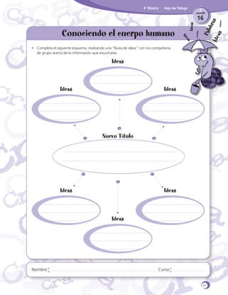 4˚ Básico

Hoja de Trabajo
Lección

16

Conociendo el cuerpo humano
•	 Completa el siguiente esquema, realizando una “lluvia de ideas” con tus compañeros
de grupo acerca de la información que escuchaste.

Ideas

Ideas

Ideas

Nuevo Título

Ideas

Ideas

Ideas

Nombre

Curso

41

 