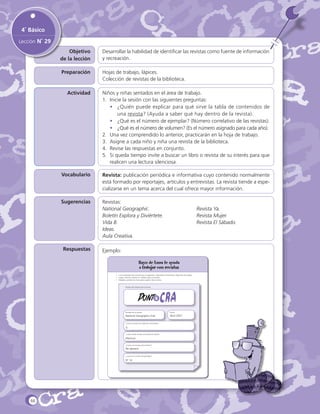 4˚ Básico
Lección N˚ 29
Objetivo
de la lección

Desarrollar la habilidad de identificar las revistas como fuente de información
y recreación.

Preparación

Hojas de trabajo, lápices.
Colección de revistas de la biblioteca.

Actividad

Niños y niñas sentados en el área de trabajo.
1.	 Inicie la sesión con las siguientes preguntas:
•	 ¿Quién puede explicar para qué sirve la tabla de contenidos de
una revista? (Ayuda a saber qué hay dentro de la revista).
•	 ¿Qué es el número de ejemplar? (Número correlativo de las revistas).
•	 ¿Qué es el número de volumen? (Es el número asignado para cada año).
2.	 Una vez comprendido lo anterior, practicarán en la hoja de trabajo.
3.	 Asigne a cada niño y niña una revista de la biblioteca.
4.	 Revise las respuestas en conjunto.
5.	 Si queda tiempo invite a buscar un libro o revista de su interés para que
realicen una lectura silenciosa.

Vocabulario

Revista: publicación periódica e informativa cuyo contenido normalmente
está formado por reportajes, artículos y entrevistas. La revista tiende a especializarse en un tema acerca del cual ofrece mayor información.

Sugerencias

Revistas:
National Geographic.			
Boletín Explora y Diviértete.		
Vida B.					
Ideas.
Aula Creativa.

Respuestas

Revista Ya.
Revista Mujer.
Revista El Sábado.

Ejemplo:

Lección 29

66

 