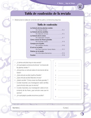 4˚ Básico

Hoja de Trabajo
Lección

30

Tabla de contenido de la revista
•	 Observa bien la tabla de contenido del recuadro y contesta las preguntas.

					

Tabla de contenido

La historia de las plantas verdes
	
Por Clarisa Verdún…………………………P. 3
La historia de las semillas
	
Por Marcelo Urrutia………………….........P. 5
La historia de la raíces
	
Por Sebastián Urrejola……………….........P. 7
Cómo crecen las flores grandes
	
Por Graciela Castro………………………...P. 9
Conejos en el jardín
	
Por Josefina Peralta………………………..P.10
El sol en tu jardín
	
Por Juan Francisco Santa María………......P.11
Piedras en tu jardín
	
Por Ana María Barrientos………………....P.13
Puzzles………………………………………………P.14

1	 ¿Cuántos artículos hay en esta revista?
2	 ¿En qué página comienza el artículo “La historia de

1
2

las plantas verdes”?
3	 ¿Encuentras un artículo sobre el crecimiento de las

3

raíces?
4	 ¿Qué artículo escribió Josefina Peralta?

4

5	 ¿Qué artículo escribió Marcelo Urrutia?

5

6	 ¿Quién escribió “Cómo crecen las flores grandes”?

6

7	 Si estás haciendo una investigación sobre semillas
¿qué artículo crees que te serviría?
8	 Si estás haciendo una investigación sobre el crecimiento de las flores ¿qué artículo crees que te

7
8

serviría?
9	 ¿En qué página puedes encontrar puzzles?

Nombre

9

Curso

69

 