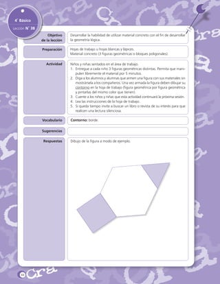 4˚ Básico
Lección N˚ 38
Objetivo
de la lección

Desarrollar la habilidad de utilizar material concreto con el fin de desarrollar
la geometría lógica.

Preparación

Hojas de trabajo u hojas blancas y lápices.
Material concreto (3 figuras geométricas o bloques poligonales).

Actividad

Vocabulario

Niños y niñas sentados en el área de trabajo.
1.	 Entregue a cada niño 3 figuras geométricas distintas. Permita que manipulen libremente el material por 5 minutos.
2.	 Diga a los alumnos y alumnas que armen una figura con sus materiales sin
mostrársela a los compañeros. Una vez armada la figura deben dibujar su
contorno en la hoja de trabajo (figura geométrica por figura geométrica
y pintarlas del mismo color que tienen).
3.	 Cuente a los niños y niñas que esta actividad continuará la próxima sesión.
4.	 Lea las instrucciones de la hoja de trabajo.
5.	 Si queda tiempo invite a buscar un libro o revista de su interés para que
realicen una lectura silenciosa.
Contorno: borde. 	

Sugerencias
Respuestas

84

Dibujo de la figura a modo de ejemplo.

 