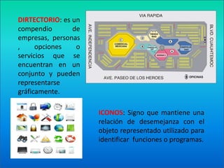 DIRTECTORIO: es un compendio de empresas, personas, opciones o servicios que se encuentran en un conjunto y pueden representarse gráficamente.ICONOS: Signo que mantiene una relación de desemejanza con el objeto representado utilizado para identificar  funciones o programas.
