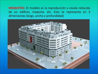MAQUETAS: El modelo es la reproducción a escala reducida de un edificio, maquina, etc. Esta se representa en 3 dimensiones (largo, ancho y profundidad)