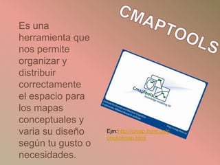 CMAPTOOLSEs una herramienta que nos permite organizar y distribuir correctamente el espacio para los mapas conceptuales y varia su diseño según tu gusto o necesidades.Ejm:http://cmap.ihmc.us/conceptmap.html