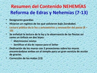Resumen del Contenido NEHEMÍAS   Reforma de Edras y Nehemías (7-13) Designaron guardias Hicieron un registro de los que volvieron bajo Zorobabel. Lectura pública de la ley y avivamiento y renovación del pacto (8 – 10) Se enfatizó la lectura de la ley y la observancia de las fiestas así como un énfasis en dos leyes: Matrimonios mixtos Santificar el día de reposo para el Señor Dedicación de los muros con 2 procesiones sobre los muros encontrándose ambas en el templo para un gran servicio de acción de gracias. Corrección de los malos (13) 