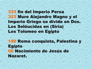 333  fin del Imperio Persa 323  Mure Alejandro Magno y el Imperio Griego se divide en Dos. Los Seléucidas en (Siria) Los Tolomeo en Egipto 190  Roma conquista, Palestina y Egipto 06  Nacimiento de Jesús de Nazaret. 