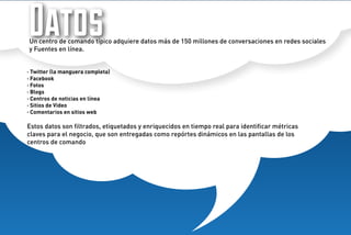 Datos

Un centro de comando típico adquiere datos más de 150 millones de conversaciones en redes sociales
y Fuentes en línea.

· Twitter (la manguera completa)
· Facebook
· Fotos
· Blogs
· Centros de noticias en línea
· Sitios de Video
· Comentarios en sitios web

Estos datos son ﬁltrados, etiquetados y enriquecidos en tiempo real para identiﬁcar métricas
claves para el negocio, que son entregadas como repórtes dinámicos en las pantallas de los
centros de comando

 
