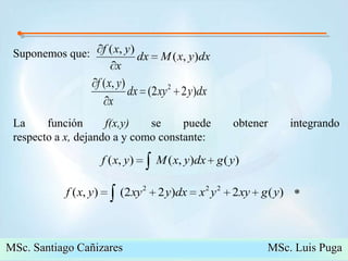 Suponemos que: La función f(x,y) se puede obtener integrando                                     respecto a x, dejando a y como constante: MSc. Santiago Cañizares                                                  MSc. Luis Puga