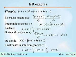 ED exactasEjemplo: Es exacta puesto queIntegrando respecto a xEs decir, Derivando respecto a yDe dondeFinalmente la solución general esMSc. Santiago Cañizares                                                  MSc. Luis Puga