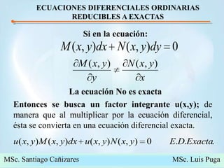 ECUACIONES DIFERENCIALES ORDINARIAS REDUCIBLES A EXACTASSi en la ecuación:La ecuación No es exacta Entonces se busca un factor integrante u(x,y); de manera que al multiplicar por la ecuación diferencial, ésta se convierta en una ecuación diferencial exacta. MSc. Santiago Cañizares                                                  MSc. Luis Puga15