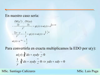 En nuestro caso sería:Para convertirla en exacta multiplicamos la EDO por u(y):MSc. Santiago Cañizares                                                  MSc. Luis PugaMSc. Santiago Cañizares                                                  MSc. Luis Puga
