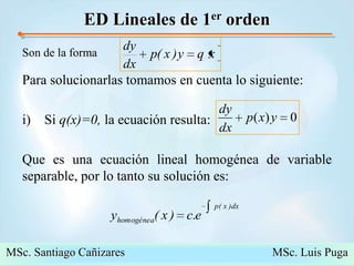 ED Lineales de 1er ordenSon de la formaPara solucionarlas tomamos en cuenta lo siguiente:Si q(x)=0, la ecuación resulta:Que es una ecuación lineal homogénea de variable separable, por lo tanto su solución es:MSc. Santiago Cañizares                                                  MSc. Luis Puga