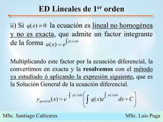 ED Lineales de 1er ordenii) Si              la ecuación es lineal no homogénea y no es exacta, que admite un factor integrante de la forma Multiplicando este factor por la ecuación diferencial, la convertimos en exacta y la resolvemos con el método ya estudiado ó aplicando la expresión siguiente, que es la Solución General de la ecuación diferencial.MSc. Santiago Cañizares                                                  MSc. Luis Puga