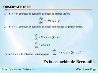 OBSERVACIONES:Si n = 0, entonces la ecuación es lineal de primer orden:Si n = 1, entonces la ecuación es lineal homogénea de primer orden.Si  n  0 y n  1, entonces  tenemos que:Es la ecuación de Bernoulli.MSc. Santiago Cañizares                                                  MSc. Luis Puga