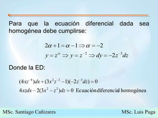 Para que la ecuación diferencial dada sea homogénea debe cumplirse:Donde la ED: MSc. Santiago Cañizares                                                  MSc. Luis Puga
