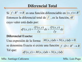 Diferencial TotalSi                     es una función diferenciable enEntonces la diferencial total de      , es la función, cuyo valor está dado por:  Diferencial Exacta:Una expresión de la forma:                                              se denomina Exacta si existe una funciónTal que:    MSc. Santiago Cañizares                                                  MSc. Luis Puga
