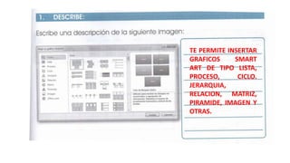 TE PERMITE INSERTAR
GRAFICOS SMART
ART DE TIPO LISTA,
PROCESO, CICLO.
JERARQUIA,
RELACION, MATRIZ,
PIRAMIDE, IMAGEN Y
OTRAS.
 