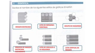 IMAGEN DESTACADA
LISTA DE IMÁGENES
CONTINUA
GRUPO DE EXAGONOS
LISTA VERTICAL DE
IMAGEN
LISTA DE CIRCULOS A
LA IZQUIERDA
PROCESO DE IMAGEN
DESTACADA
ASCENDENTE
 