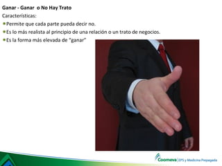 Ganar - Ganar o No Hay Trato
Características:
•Permite que cada parte pueda decir no.
•Es lo más realista al principio de una relación o un trato de negocios.
•Es la forma más elevada de “ganar”
 