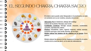 EL SEGUNDO CHAKRA: CHAKRA SACRO
El chakra sacro puede estar bloqueado si el practicante no está
en contacto con su ser creativo, sexual y emocional.
Ubicación: Bajo el abdomen, debajo del ombligo
Colores de la piedra: Naranja, azul-verde
Cualidades curativas: Energía sexual, intuición, creatividad,
curación, reproducción, deseo
Piedras: Vanadinita, cobre, topacio imperial, calcita naranja,
turquesa azul-gris, azul-verde, fluorita, ojo de tigre
Dónde colocar las piedras de los chakras en el cuerpo: Zona
pélvica
Dónde colocar las piedras de los chakras en la casa En el centro
creativo de tu casa (es decir, en la sala de ordenadores)
 