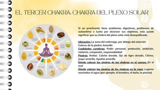EL TERCER CHAKRA: CHAKRA DEL PLEXO SOLAR
Si un practicante tiene problemas digestivos, problemas de
autoestima o lucha por alcanzar sus objetivos, esto puede
significar que su chakra del plexo solar está desequilibrado.
Ubicación: La zona del estómago, por debajo del esternón
Colores de la piedra: Amarillo
Cualidades curativas: Poder personal, protección, ambición,
intelecto, compasión, responsabilidad
Piedras: Ámbar, Calcita dorada, Ojo de tigre dorado, Citrino,
Jaspe amarillo, Apatita amarilla
Dónde colocar las piedras de los chakras en el cuerpo: En el
avel
Dónde colocar las piedras de los chakras en la casa: Lugares
asociados al agua (por ejemplo, el lavadero, el baño, la piscina)
 