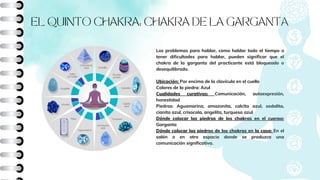Los problemas para hablar, como hablar todo el tiempo o
tener dificultades para hablar, pueden significar que el
chakra de la garganta del practicante está bloqueado o
desequilibrado.
Ubicación: Por encima de la clavícula en el cuello
Colores de la piedra: Azul
Cualidades curativas: Comunicación, autoexpresión,
honestidad
Piedras: Aguamarina, amazonita, calcita azul, sodalita,
cianita azul, crisocola, angelita, turquesa azul
Dónde colocar las piedras de los chakras en el cuerpo:
Garganta
Dónde colocar las piedras de los chakras en la casa: En el
salón o en otro espacio donde se produzca una
comunicación significativa.
EL QUINTO CHAKRA: CHAKRA DE LA GARGANTA
 