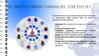 Ubicación: Por encima de las cejas, en el centro de la
frente
Colores de la piedra: Índigo
Cualidades curativas: Espiritualidad, intuición,
habilidades psíquicas, conciencia superior
Piedras: Tanzanita, lapislázuli, azurita, apatita azul
Dónde colocar las piedras de los chakras en el cuerpo:
En la frente
Dónde colocar las piedras de los chakras en la casa: En
su sala de trabajo; en una habitación con significado
espiritual.
El chakra del tercer ojo puede necesitar atención adicional si
se experimenta niebla cerebral, falta de intuición y
pensamientos abrumadores.
EL SEXTO CHAKRA: CHAKRA DEL TERCER OJO
 