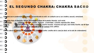 EL S E G U N D O CHAKRA: CHAKRA S A C R O
El chakra sacro puede estar bloqueado si el practicante no está en contacto con su ser creativo, sexual y emocional.
Ubicación: Bajo el abdomen, debajo del ombligo Colores de la piedra: Naranja, azul-verde
Cualidades curativas: Energía sexual, intuición, creatividad, curación, reproducción, deseo
Piedras: Vanadinita, cobre, topacio imperial, calcita naranja, turquesa azul-gris, azul-verde, fluorita, ojo de tigre
Dónde colocar las piedras de los chakras en el cuerpo: Zona pélvica
Dónde colocar las piedras de los chakras en la casa En el centro creativo de tu casa (es decir, en la sala de ordenadores)
 