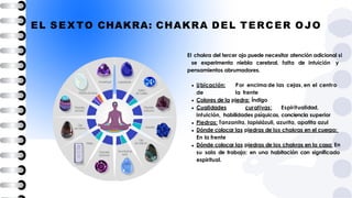 El chakra del tercer ojo puede necesitar atención adicional si
se experimenta niebla cerebral, falta de intuición y
pensamientos abrumadores.
Ubicación: Por encima de las cejas, en el centro
de la frente
Colores de la piedra: Índigo
Cualidades curativas: Espiritualidad,
intuición, habilidades psíquicas, conciencia superior
Piedras: Tanzanita, lapislázuli, azurita, apatita azul
Dónde colocar las piedras de los chakras en el cuerpo:
En la frente
Dónde colocar las piedras de los chakras en la casa: En
su sala de trabajo; en una habitación con significado
espiritual.
EL S E X TO CHAKRA: CHAKRA DEL TERCER OJO
 