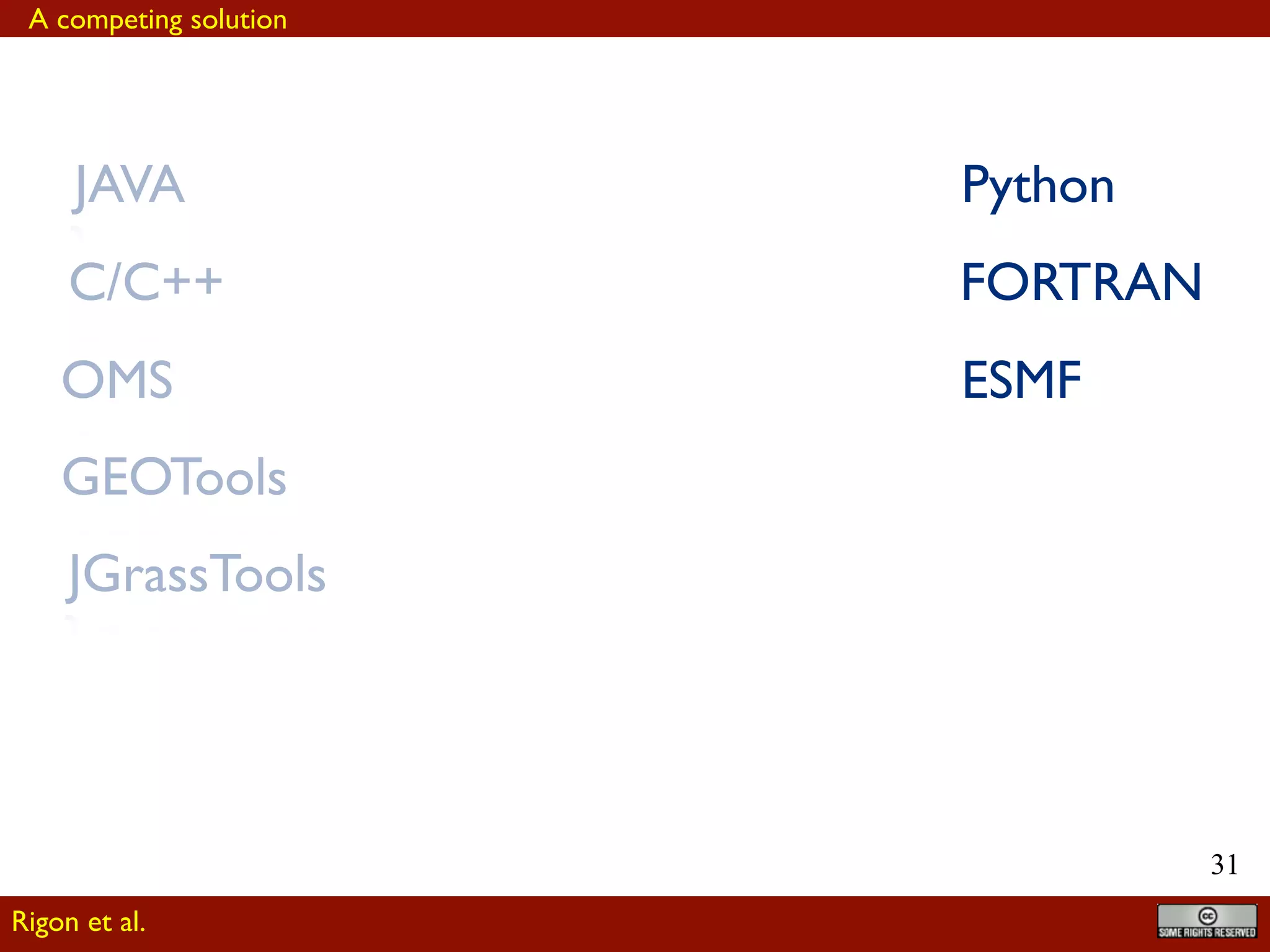 !31
JAVA
OMS
GEOTools
JGrassTools
C/C++
Python
FORTRAN
ESMF
A competing solution
Rigon et al.
 